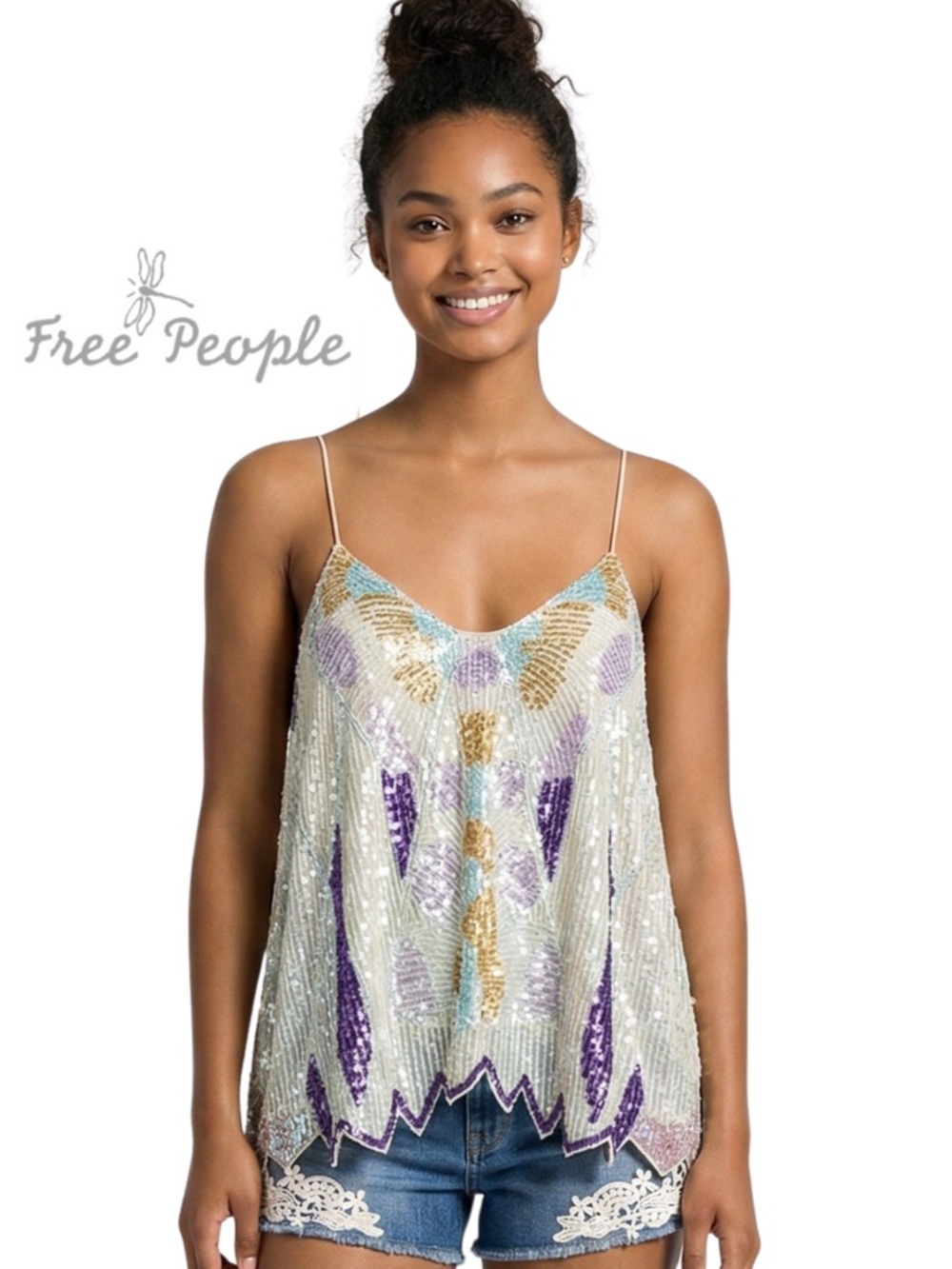FREE PEOPLE Beaded Sequin Asymmetrical Camisole Top - RARE